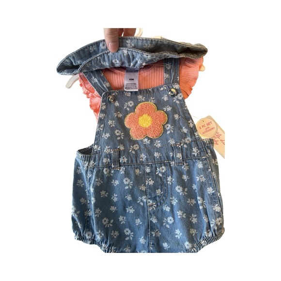 Little Lass Girls 2 Piece Denim Daisy Bubble Overalls Set Bucket Hat 6M Nwt - Picture 2 of 3